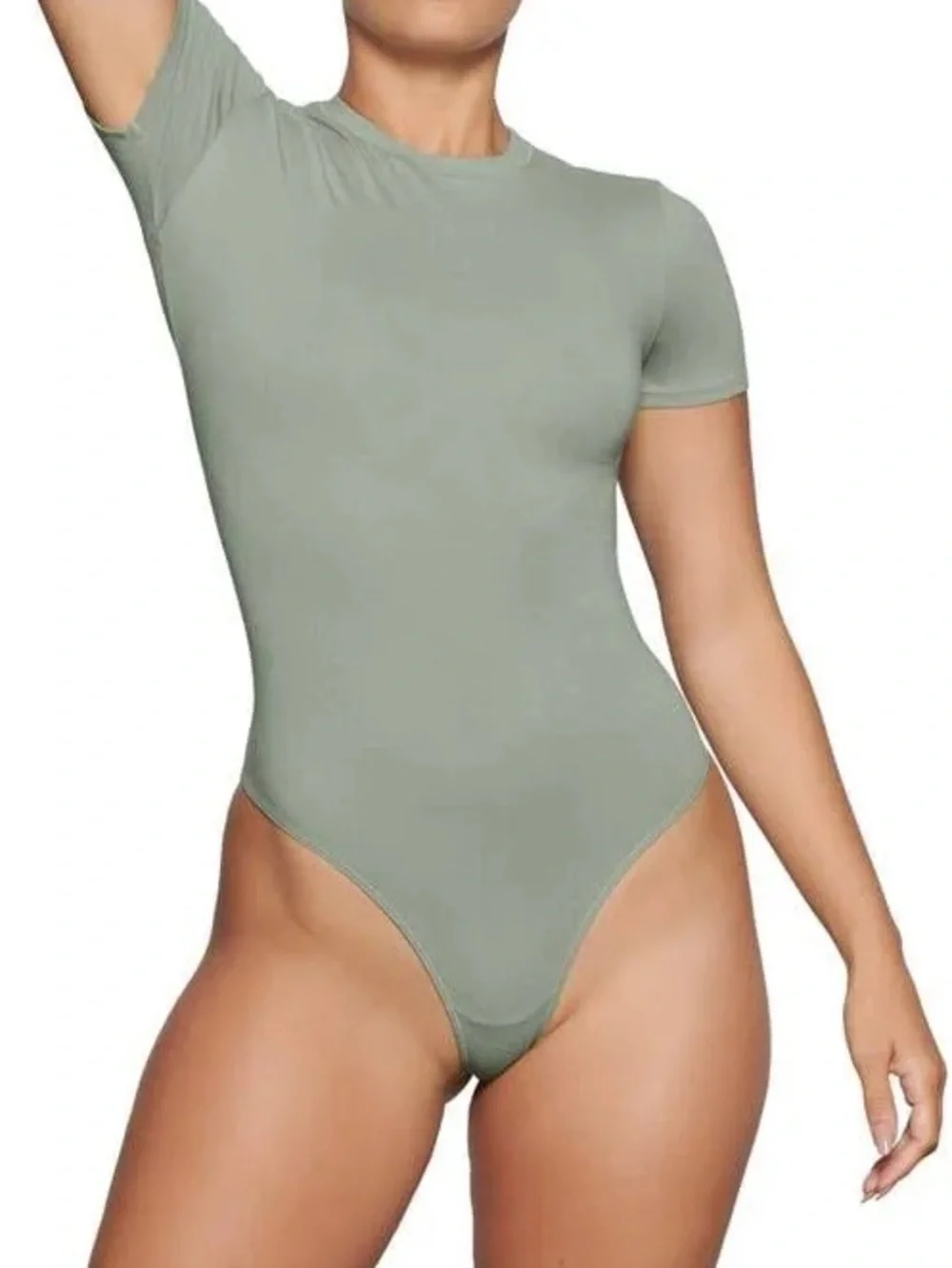 SKIMS Women’s Bodysuit T-Shirt Cotton Stretch Green/Blue Short Sleeve Crewneck